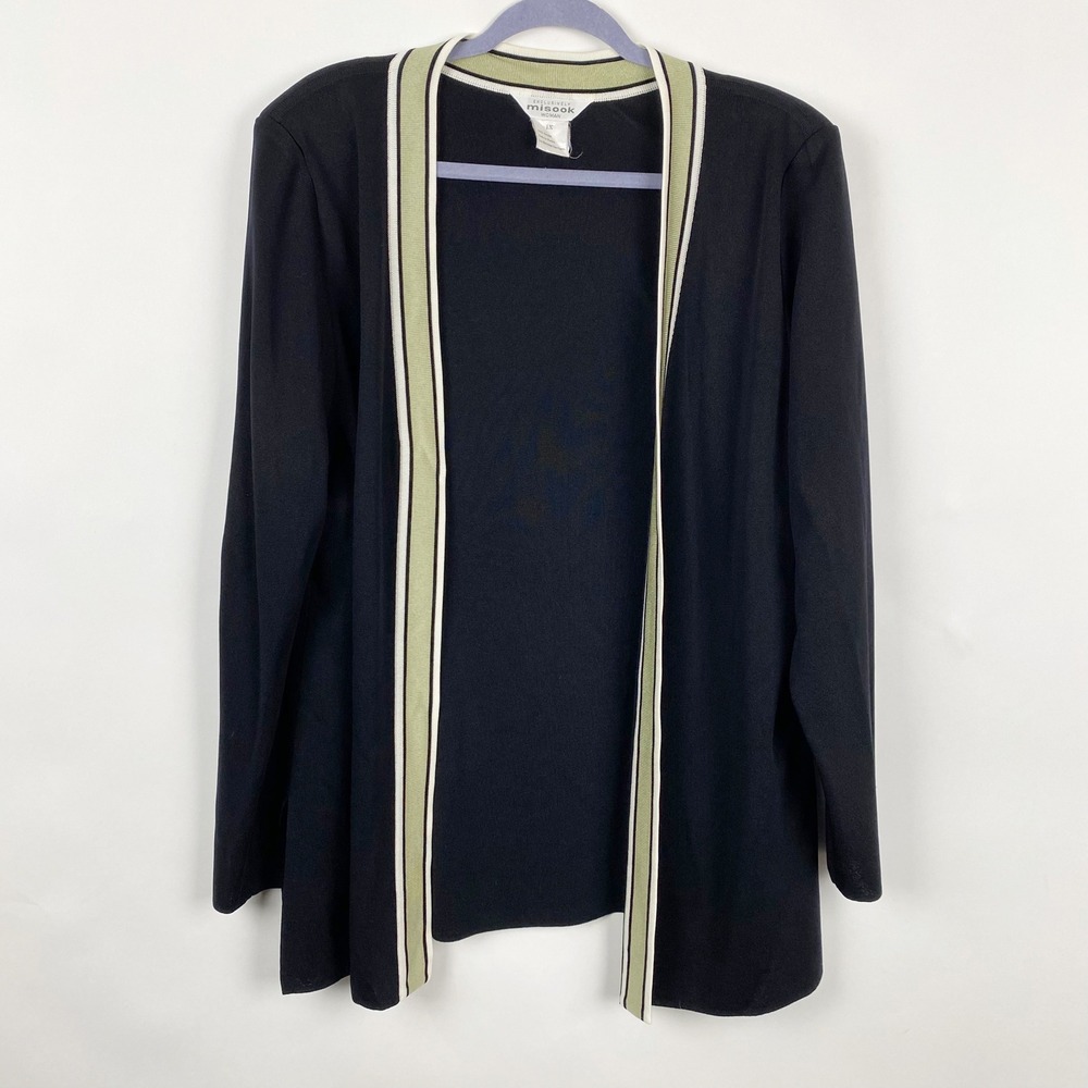 Misook Striped Trim Open Front Knit Cardigan Women 1X Black Sage Green
